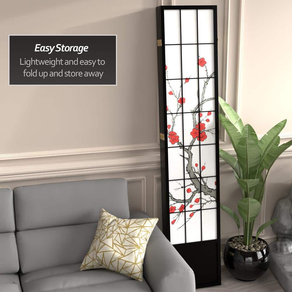 83.5" Black Cherry Blossom Shoji Room Divider with 5 Panels