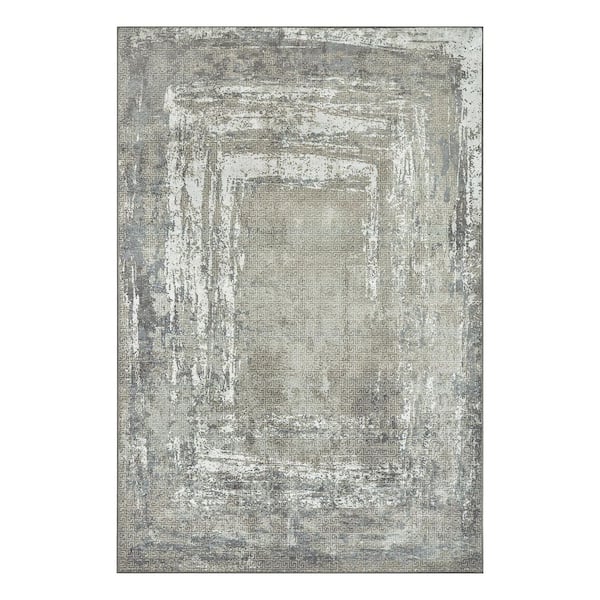 Amaya Bordered Abstract Greige Washable Rug 6 ft. x 9 ft. Area Rug