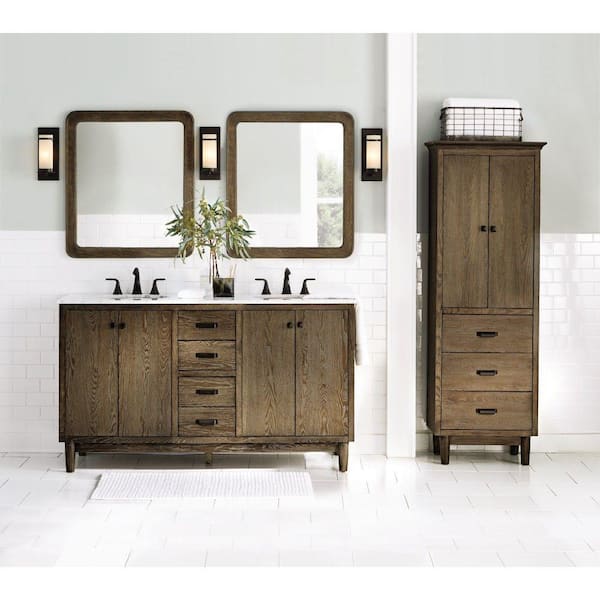 Home Decorators Collection - Brisbane 61 in. W x 22 in. D Double Bath Vanity in Weathered Grey Oak with Natural Marble Vanity Top in White