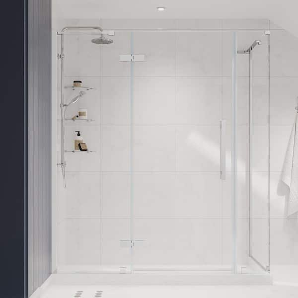 OVE Decors Tampa 60 13/16 in. W x 72 in. H Rectangular Pivot Frameless Corner Shower Enclosure in Chrome with Shelves