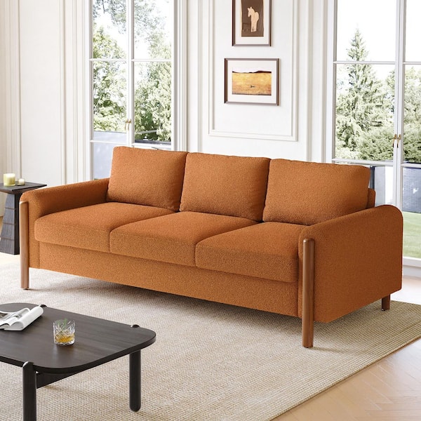 Zandrel Modern 83.86 in. Square Arm Teddy Fabric Upholstered Rectangle 3-Seater Sofa in Orange with Solid Wood Leg