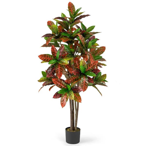 5 FT Artificial Croton Plant w/ Multi-colored PEVA Leaves Solid Wood Trunk