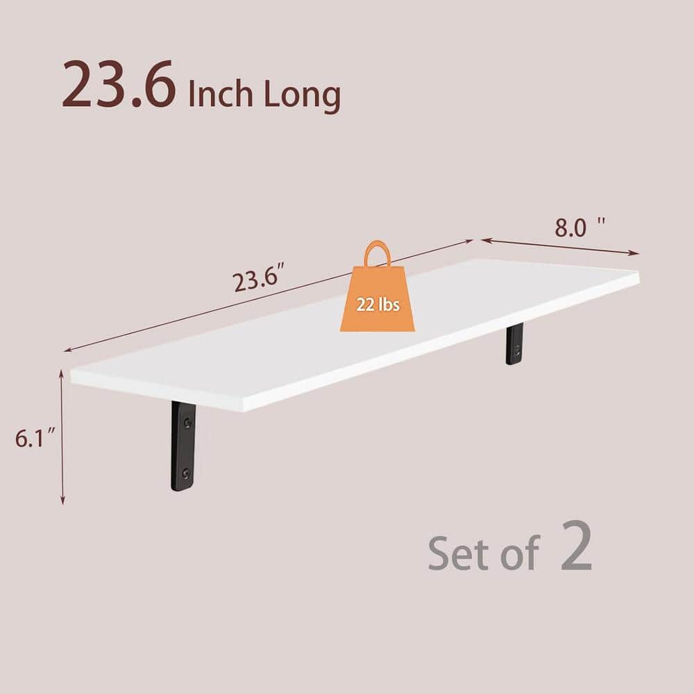 23.6 Inch White Wood Floating Wall Shelves with Black Metal Brackets