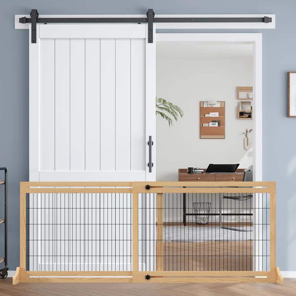 Natural Wooden Retractable Freestanding Pet Gate for Doorways