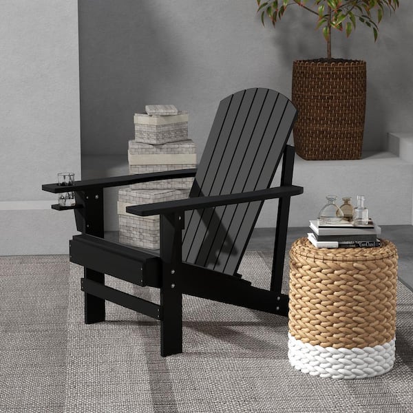 Outdoor Wooden Adirondack Chair, Weather Resistant Lawn Chair with Cup Holder, for Deck, Garden, Fire Pit, Black