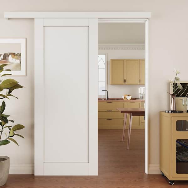 32 in. x 80 in. Hidden Track Style Paneled 1-Lite White Primed MDF Sliding Barn Door with Hardware Kit