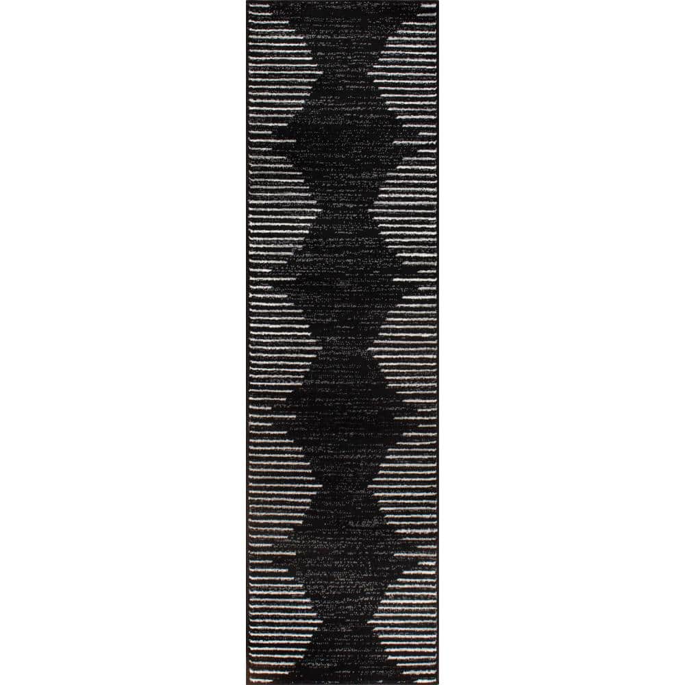 Black and White Synthetic Stripe Runner Rug 2'7" x 8'