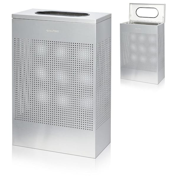 Alpine Industries 13 Gal. Perforated Steel Rectangular Stainless Steel Slim Commercial Trash Can with Open Top Lid