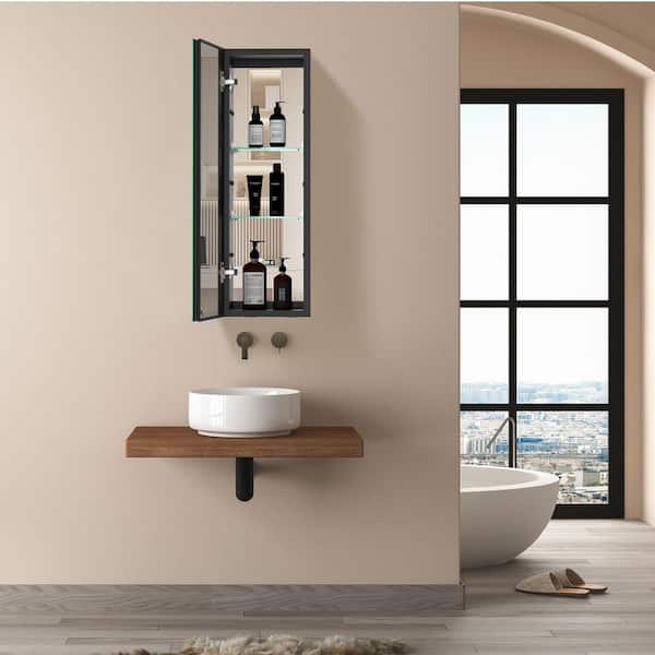 Obsi 10 in. W x 30 in. H Rectangular Black Aluminum Bathroom Surface Mount Medicine Cabinet w/ Mirror and Glass Shelves