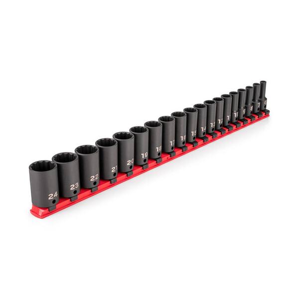 3/8 Inch Drive Semi-Deep 12-Point Impact Socket Set with Rail, 19-Piece (6-24 mm)