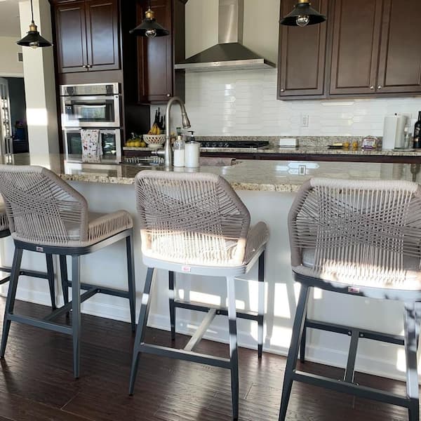 Modern Aluminum Twill Wicker Woven Counter Height Outdoor Bar Stool with Back and Dark Gray Cushion (2-Pack)
