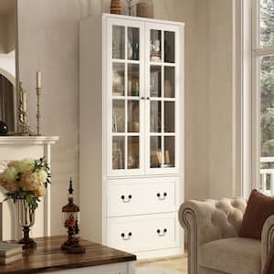 White Wooden Accent Storage Cabinet Freestanding Cupboard With Adjustable Shelves and Tempered Glass Doors, Drawers