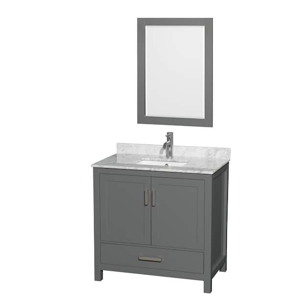 Wyndham Collection Sheffield 36 in. W x 22 in. D x 35 in. H Single Bath Vanity in Dark Gray with White Carrara Marble Top and 24" Mirror