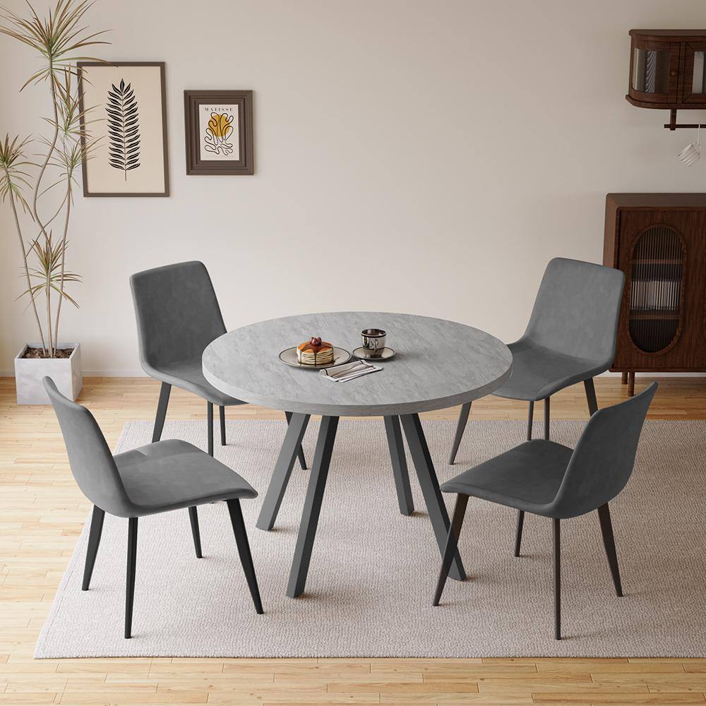 5-Piece Gray Round Dining Table Set MDF Dining Table with 4 Gray Dining ...