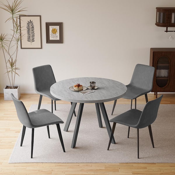 GOJANE 5-Piece Gray Round Dining Table Set MDF Dining Table with 4 Gray Dining Chairs
