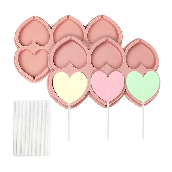Heart Series 2 in. Silicone Pink Lollipop Candy Mold with 25 Sticks Flexible Chocolate Mold 2 Piece
