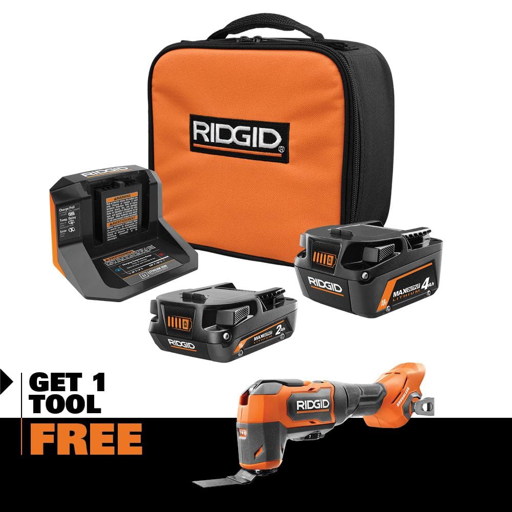 RIDGID 18V MAX Output 4.0 Ah 2.0 Ah Batteries and Charger with FREE 18V  Brushless Oscillating Multi-Tool AC8400240SB-R86240B The Home Depot