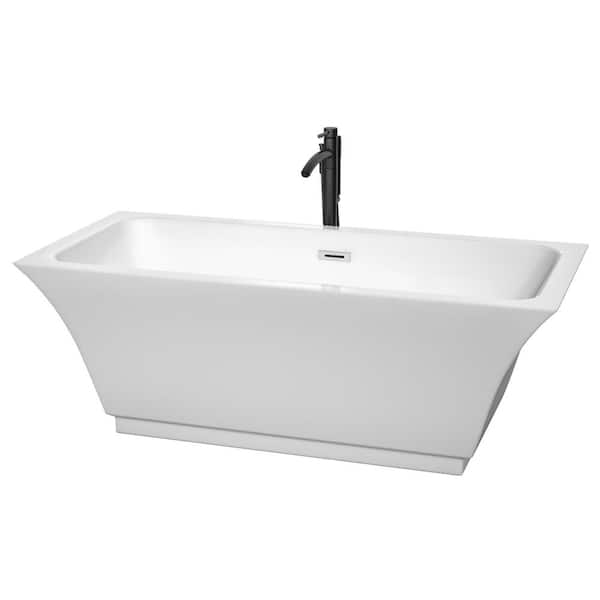 Wyndham Collection Galina 67 in. Acrylic Flatbottom Bathtub in White with Polished Chrome Trim and Matte Black Faucet