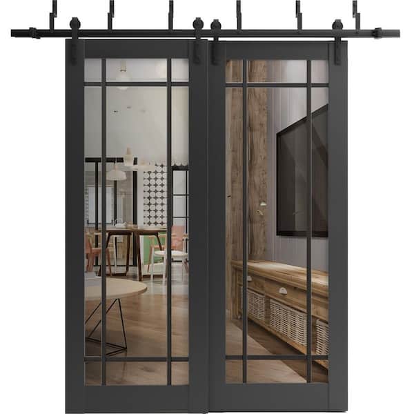 64 in. x 96 in. 2 Panel Clear Glass Black Matte Solid Wood Sliding Barn Door with Hardware Kit