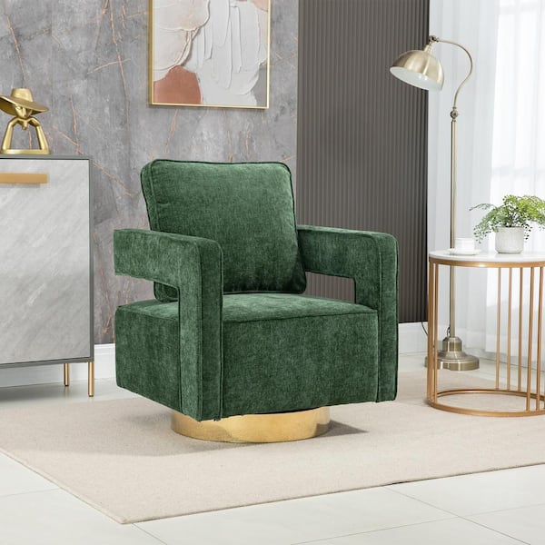 Unbranded 30.7 in. W Green Chenille 360° Swivel Arm Chair with Open Back and Gold Stainless Steel Base Club Chair Leisure Armchair
