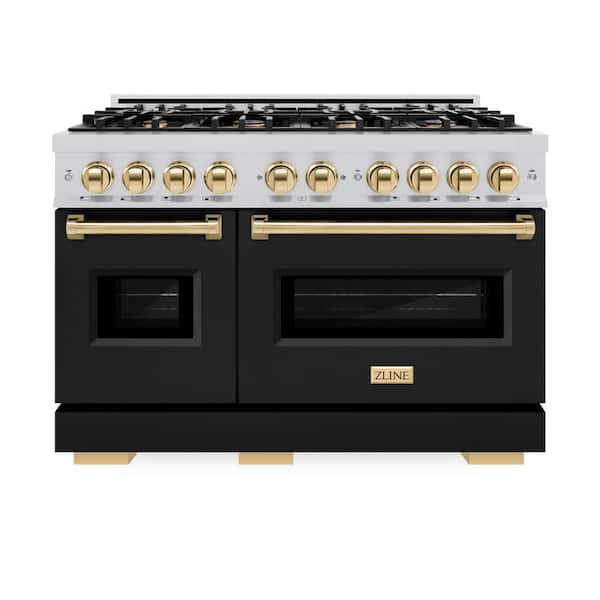 Classic 48 in. 8-Burner Gas Range with Double Oven in Stainless Steel, Matte Black, and Polished Gold