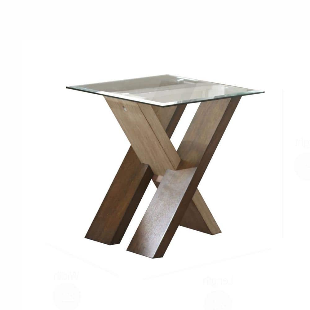 Natural Cherry Glass Top Square End Table with Cross Base