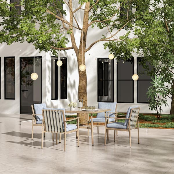 Sleek Line 5-Piece Aluminum Rectangular Outdoor Dining Set with Blue Cushions