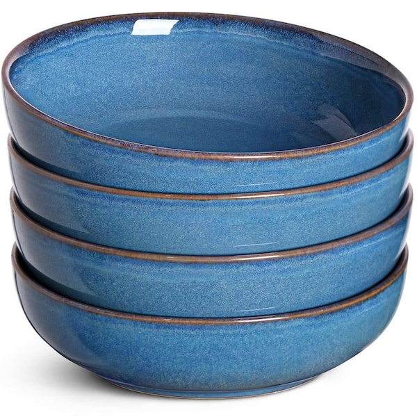 8.5 in. 45 fl. oz. Ceramic Salad Bowls Set, Large Kitchen Bowl Plates for Serving Soup, Pasta, Noodle, Dinner, Blue