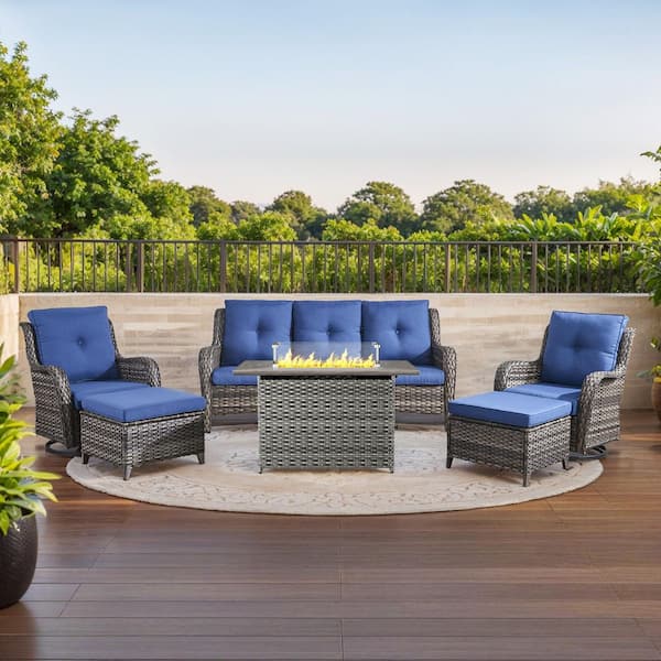 Carolina 6-Piece Outdoor Patio Furniture Set, Gray Wicker Fire Pit Table with Swivel Chair and 3-Seat Sofa Blue Cushions