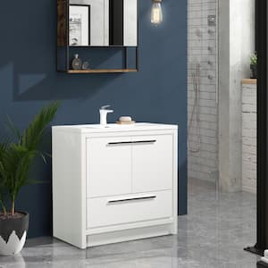 36 in. W x 19.7 in. D x 34.3 in. H Freestanding Single Integrated Sink Bath Vanity w/ White Top, Soft Close Drawer