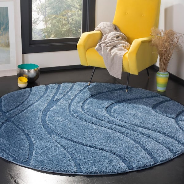 Florida Shag Light Blue/Blue 5 ft. x 5 ft. Round Solid Area Rug