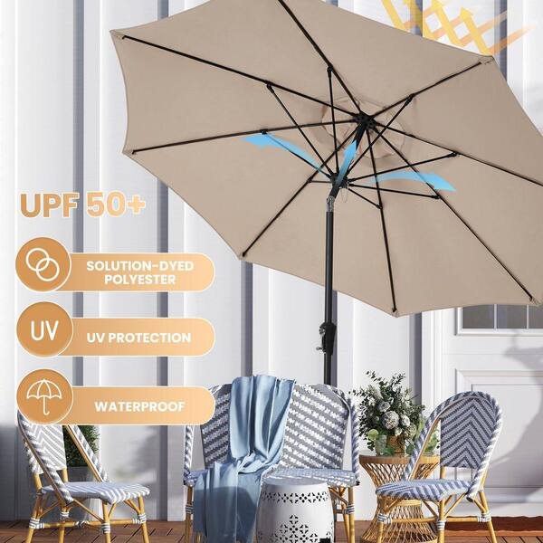 easy up patio umbrella ELSTRAND EVOKE LLC 9 ft. Steel Push-Up Patio Umbrella in Beige Easy Push  Button Tilt and Crank YCHD2038
