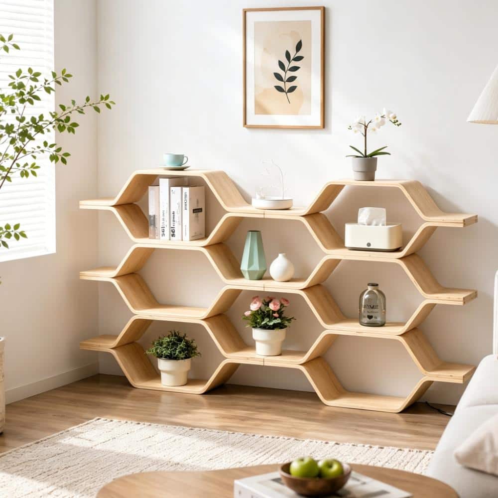 B BALANBO Hexagon Honeycomb Shelving Unit, Bamboo & Solid Wood