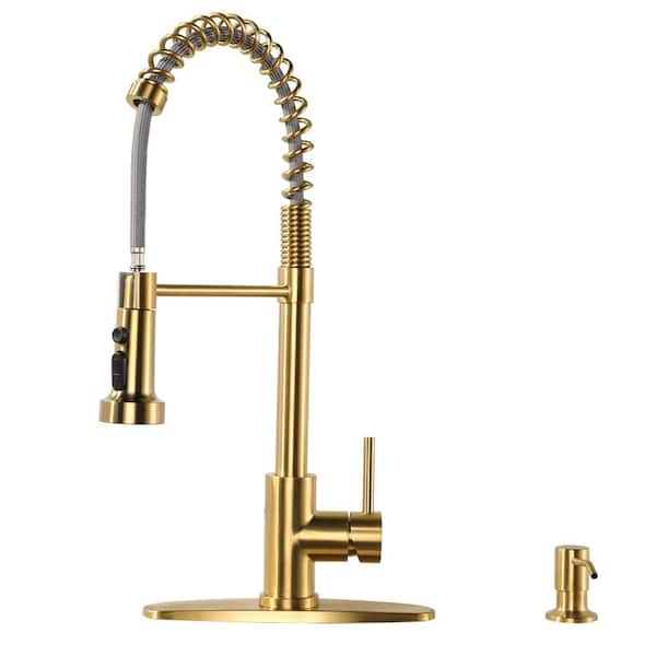 WOWOW Single Handle Pull Down Sprayer Kitchen Faucet with Soap Dispenser, Pull Out Spray Wand in Gold