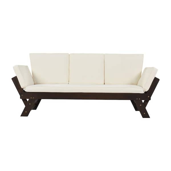 Unbranded Outdoor/Indoor 1-Piece Wood Outdoor Adjustable Day Bed Sofa with Removable Beige Cushions