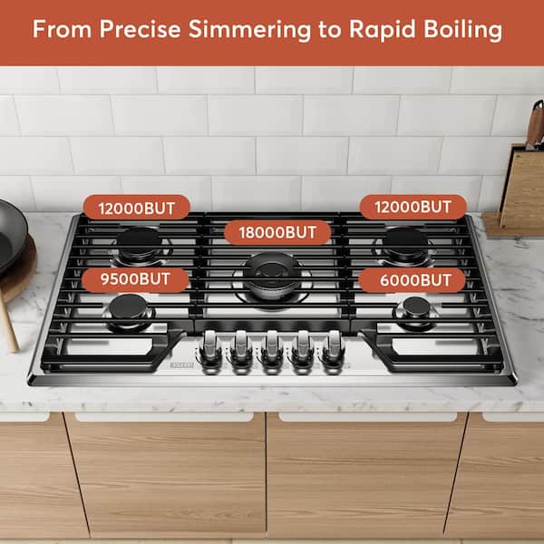 Pro-Style 36 in. Built-In Gas Cooktop in Stainless Steel with 5-Burners Including a 18000 BTUs Power Burner