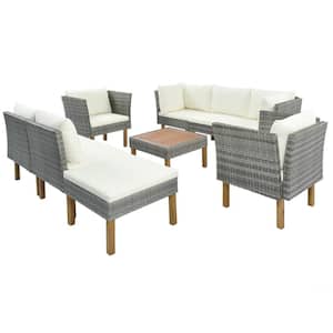 Gray 9-Piece PE Wicker Outdoor Sectional Set with Beige Cushions Wood Legs Armrest Chairs and Coffee Table