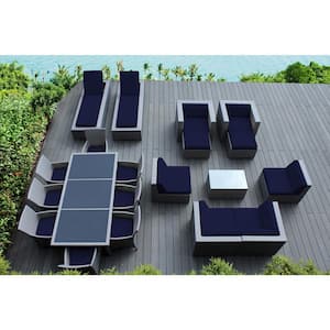 Gray 20-Piece Wicker Patio Combo Conversation Set with Sunbrella Navy Cushions