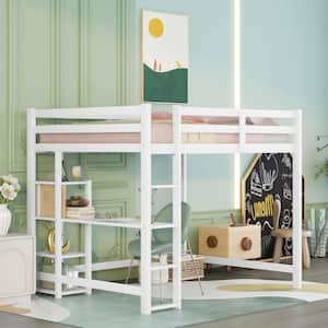 White Full Size Loft Bed with Desk, Wood Loft Bed Frame with Storage Shelves Bookcase, Loft Bed for Dorm, Kids Teens