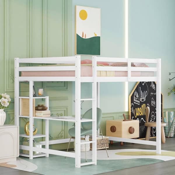 URTR White Full Size Loft Bed with Desk, Wood Loft Bed Frame with Storage Shelves Bookcase, Loft Bed for Dorm, Kids Teens