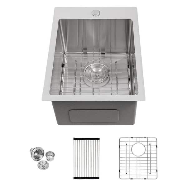 Yunus 15 in. Drop-In Single Bowl 16-Gauge Brushed Nickel Black Stainless Steel Kitchen Sink with Drying Rack