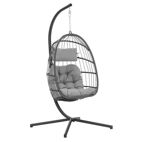 1-Person Wicker Patio Swing Egg Chair with Gray Cushions