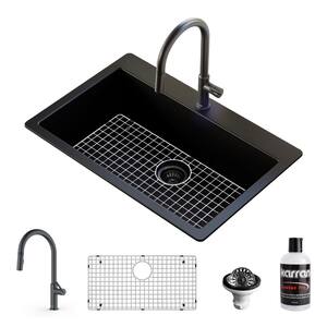 QT-812 qt. 33 in. Single Bowl Drop-In Kitchen Sink in Black with Faucet in Gunmetal Grey