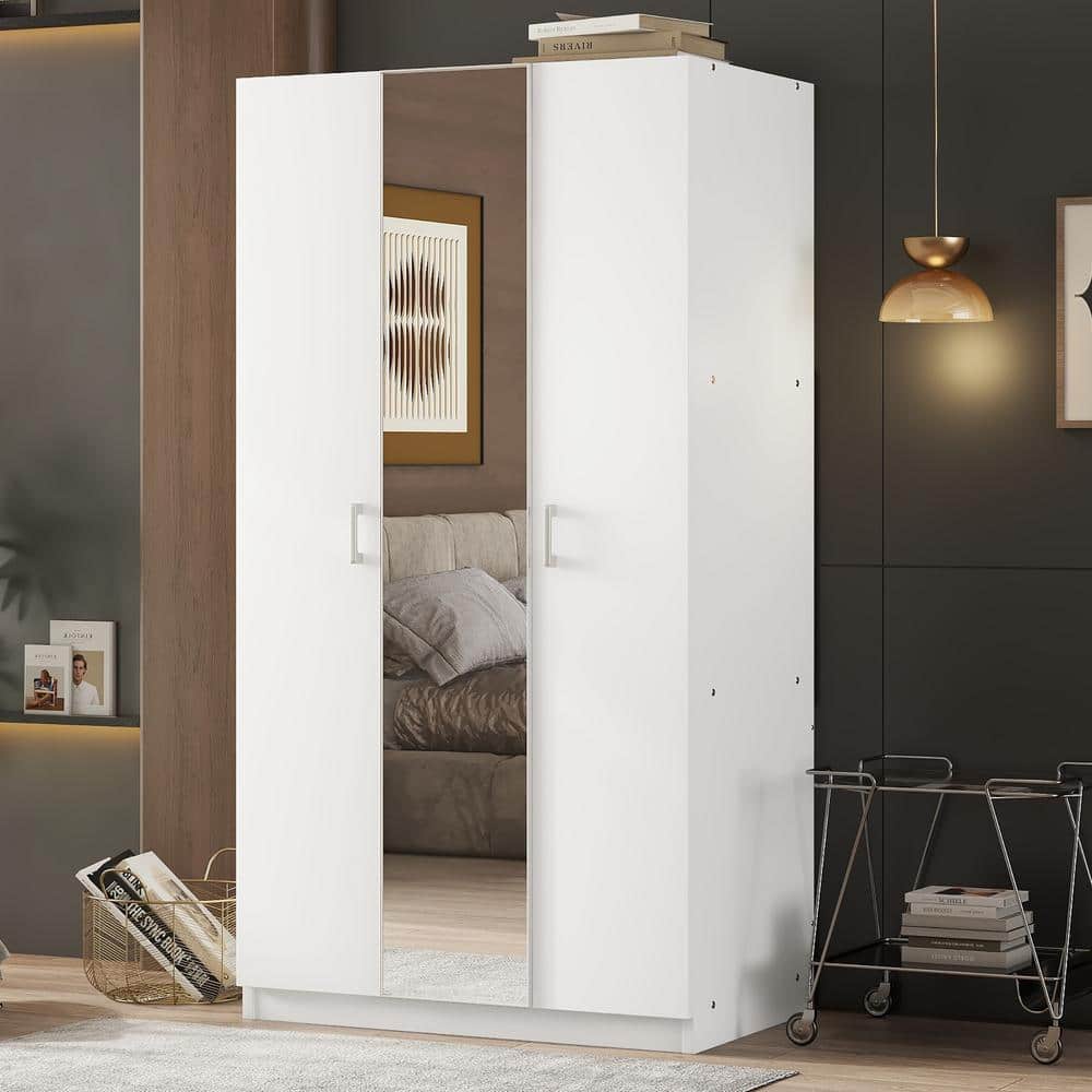 White Wood 35.4 in. Armoire with Mirror and Hanging Rod 3 Door Wardrobe Clo