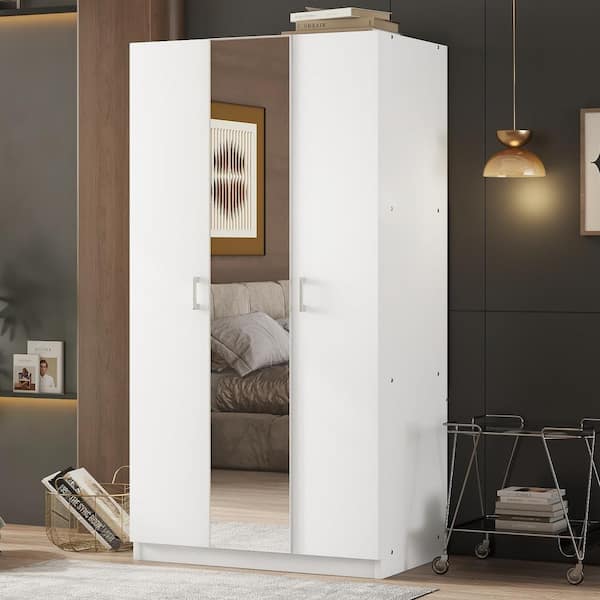 White Wood 35.4 in. Armoire with Mirror and Hanging Rod 3 Door Wardrobe Closet with 3 Fixed Shelves Storage Cabinet