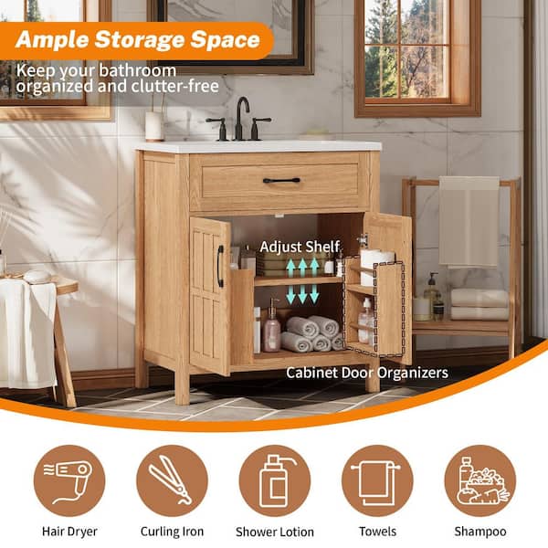LuckByte 30 in.Natural Wood Rectangle Vessel Sink Bathroom Vanity