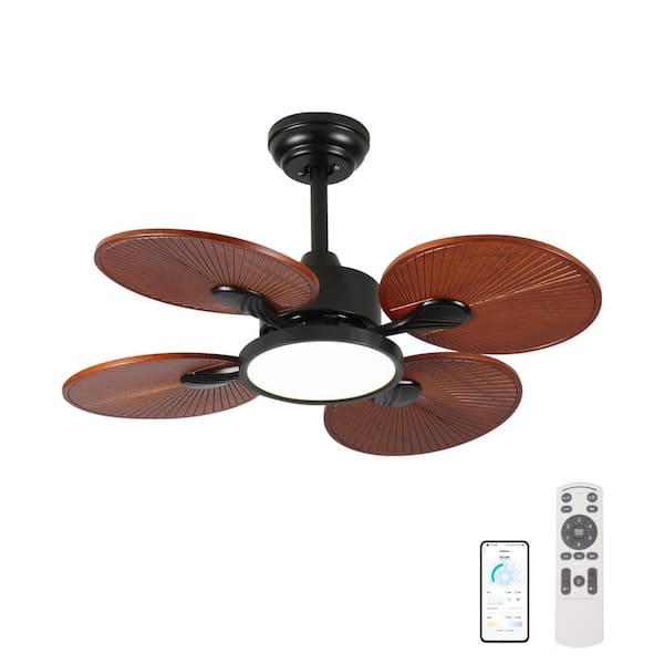 33 in. Modern Black Solid Wood Brown Downrod Mount Standard Ceiling Fan with Dimmable Full-Spectrum LED Light and APP