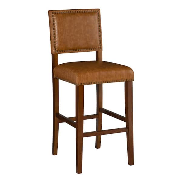 Benjara 4.53 in. Brown Low Back Wooden Frame Bar Stool with Leather Seat