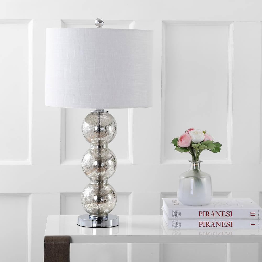 Mercury Silver Glass Triple-Sphere Table Lamp Set with Linen Shade