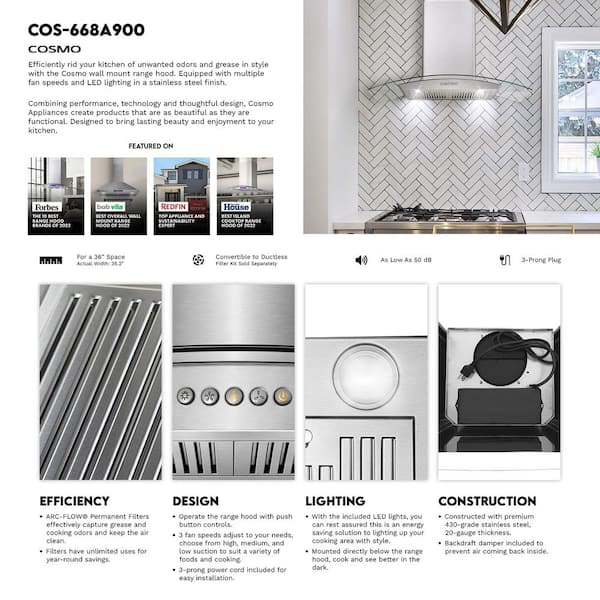 Cosmo 36 in. Vista Collection 380 CFM Ducted Wall Mount Range Hood